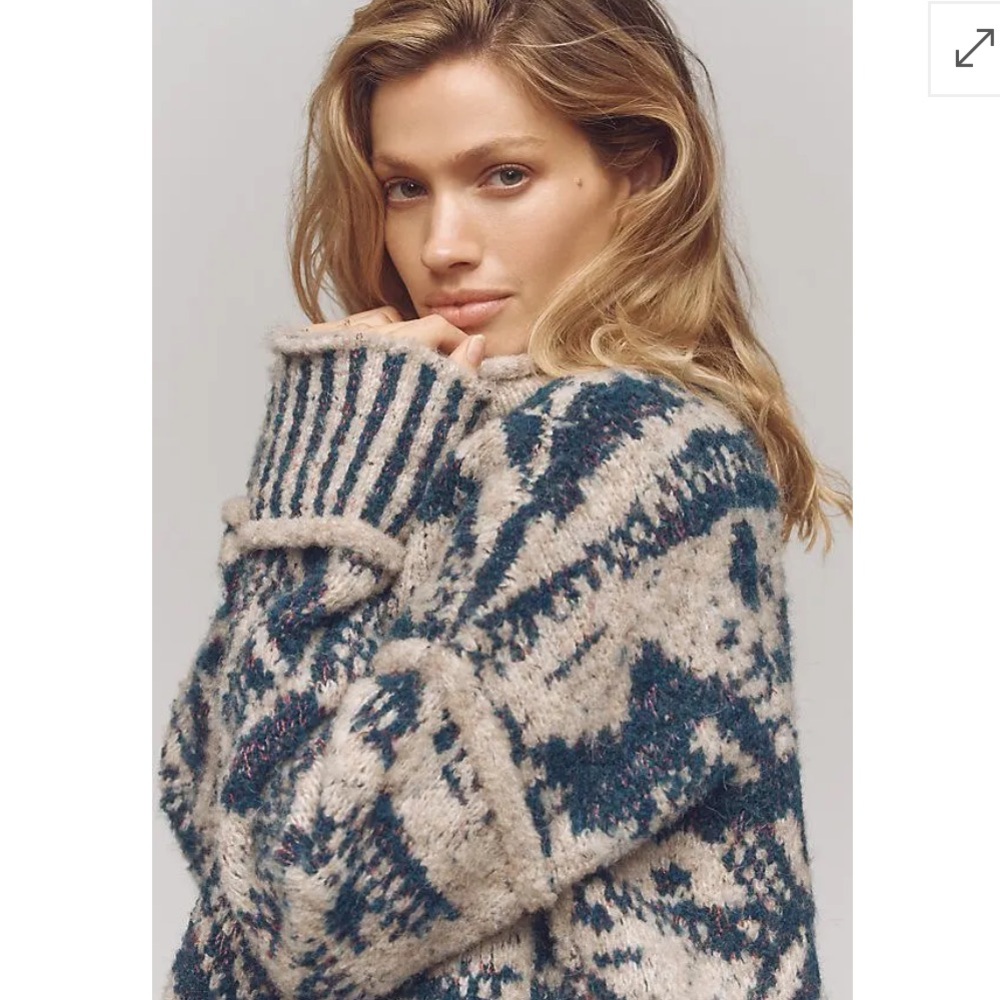 Pilcro Cream and Teal Patterned Crewneck Sweater - Picture 4 of 7